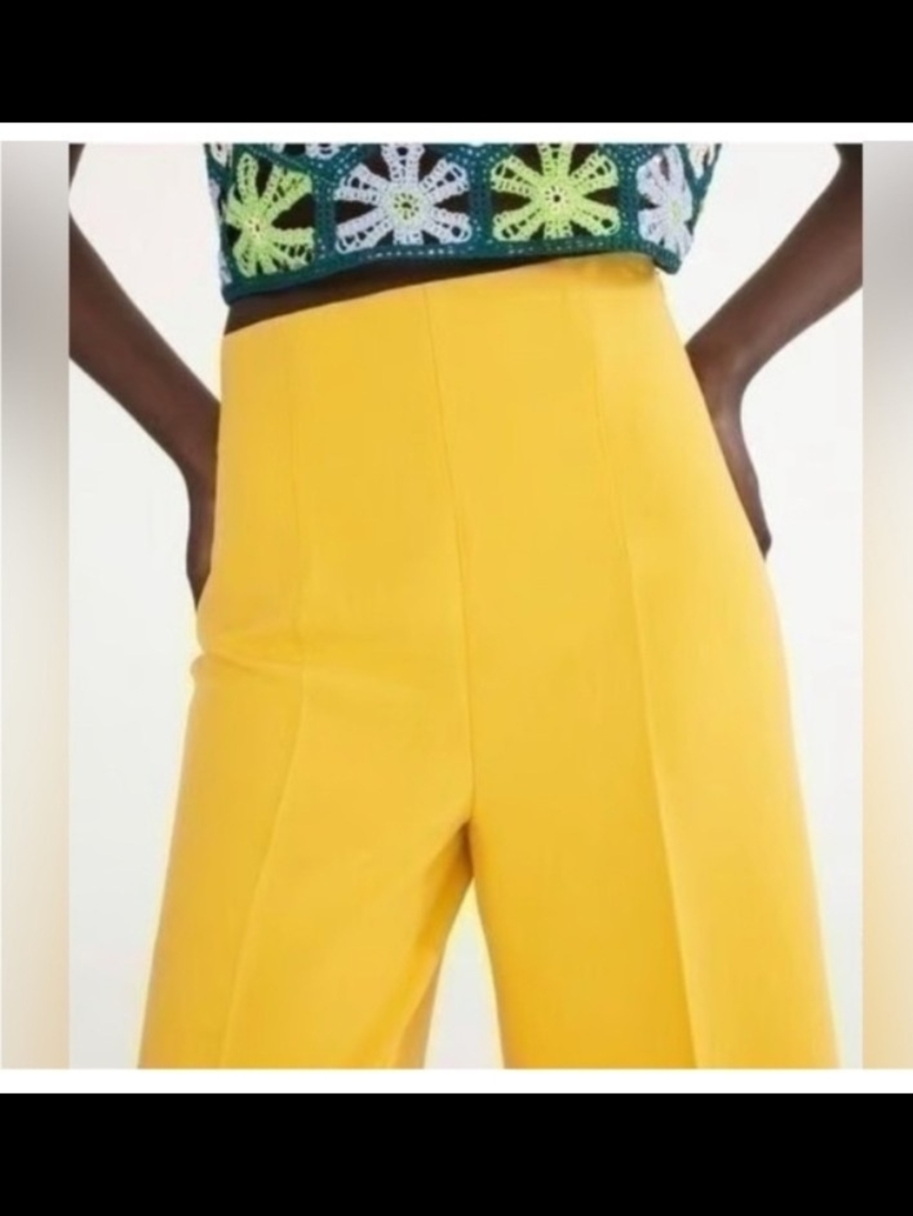 Zara High-Waist Wide-Leg Cropped Pants - Yellow - Picture 2 of 6